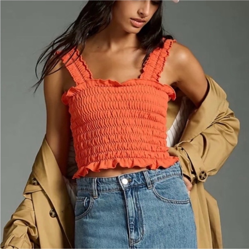NWT Anthropologie Red Smocked Ruffle Strap Crop Top